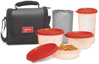 MILTON Full Meal 3 combo 4 Pc Lunch pack with Glass Black 4 Containers Lunch Box