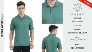 Rare Rabbit Premium Polo T-shirt in Apple Green color, unisex cotton-lycra tee worn by male model, ideal for corporate gifting and casual wear.