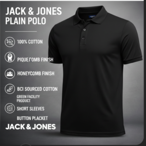 Jack & Jones Polo T-Shirt for Men in Black – Plain Premium Cotton Pique Polo