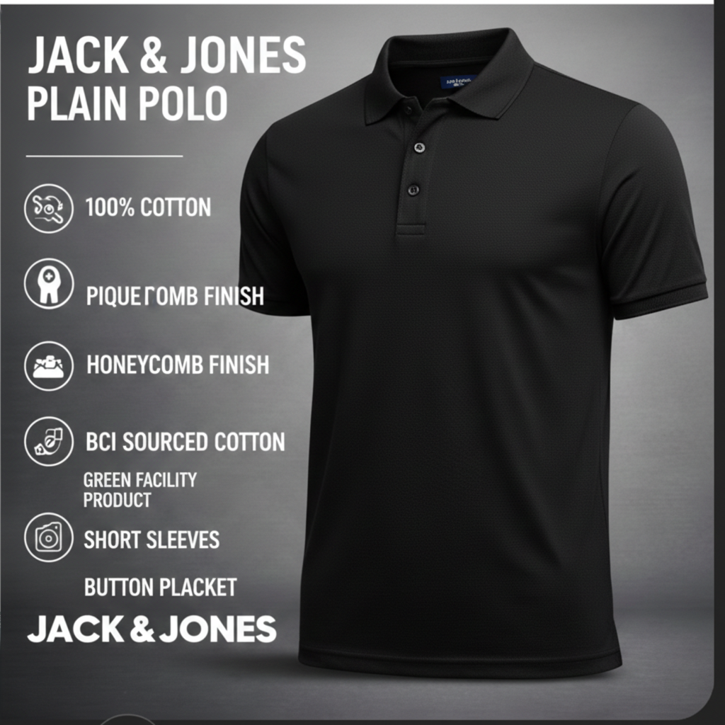 Jack & Jones Polo T-Shirt for Men in Black – Plain Premium Cotton Pique Polo
