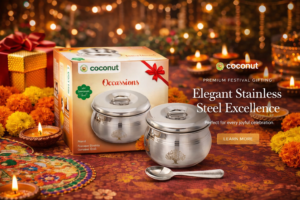Super Occassions premium stainless steel corporate Diwali gifts set with festive packaging and decorative Diwali background