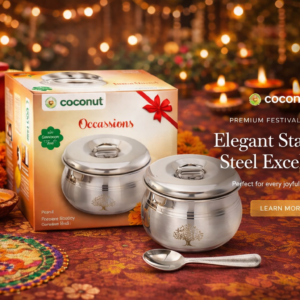 Super Occassions premium stainless steel corporate Diwali gifts set with festive packaging and decorative Diwali background